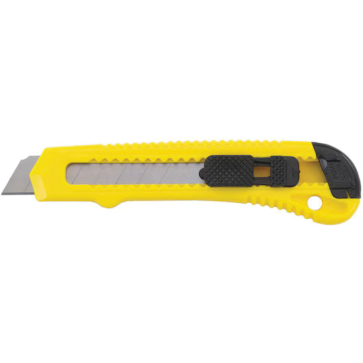 The STANLEY 18 mm Snap Blade Knife features a yellow body, segmented retractable blade, and black textured slider—an essential tool for precise utility cutting tasks.